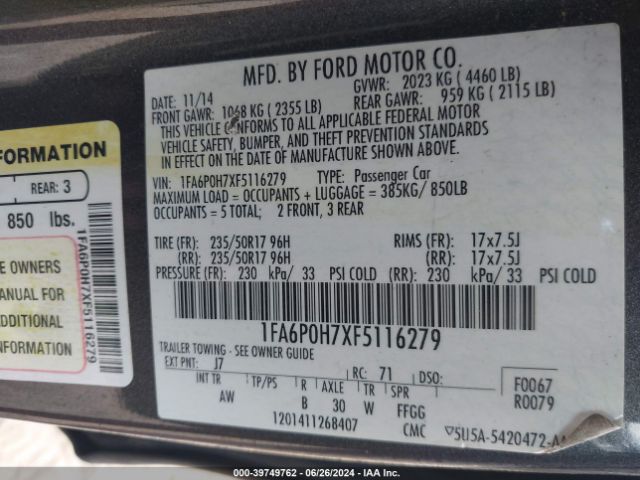1FA6P0H7XF5116279 Ford FUSION SE