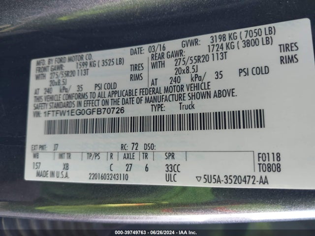 Ford F-150 Xlt 2016 1FTFW1EG0GFB70726 Image 9