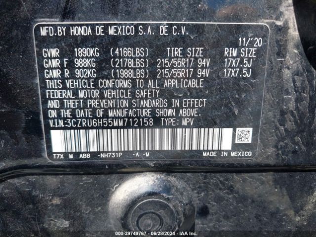 3CZRU6H55MM712158 Honda Hr-v Awd Ex
