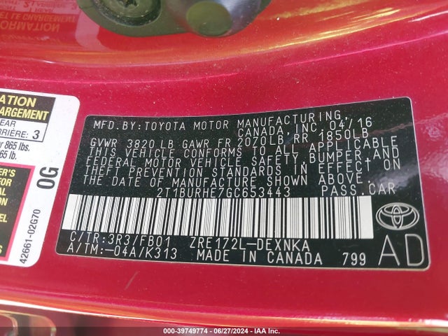 Toyota COROLLA LE 2016 2T1BURHE7GC653443 Image 9