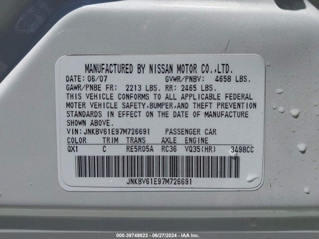 Auction sale of the 2007 Infiniti G35 Journey, vin: JNKBV61E97M726691, lot number: 39749823