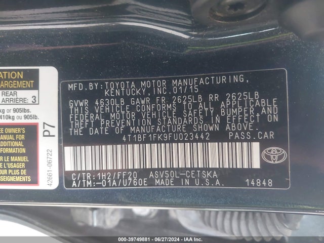 Toyota CAMRY SE 2015 4T1BF1FK9FU023442 Image 9