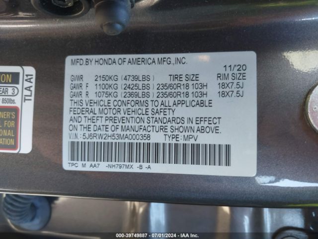 5J6RW2H53MA000358 Honda Cr-v Awd Ex