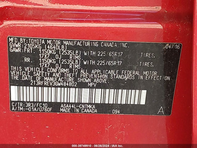 Toyota Rav4 Xle 2016 2T3RFREV3GW484802 Image 9