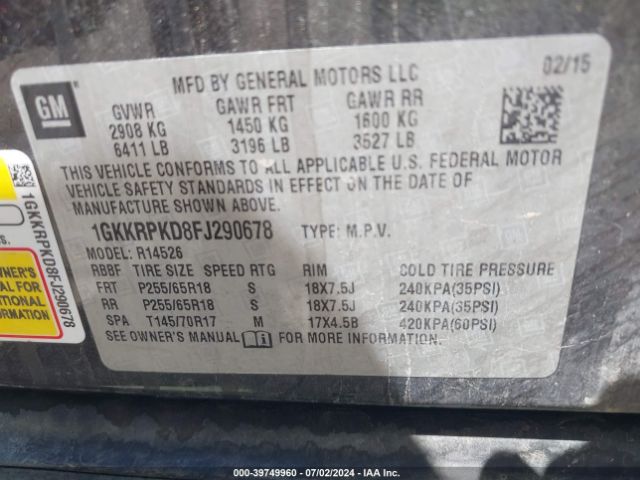 1GKKRPKD8FJ290678 GMC Acadia Sle-2