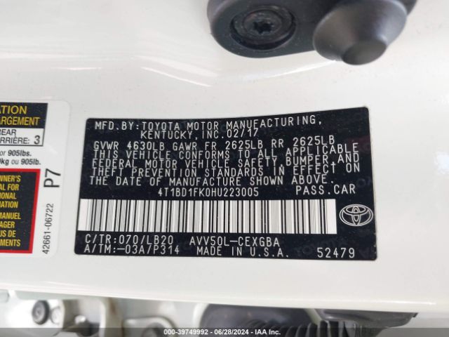 4T1BD1FK0HU223005 Toyota Camry Hybrid Xle