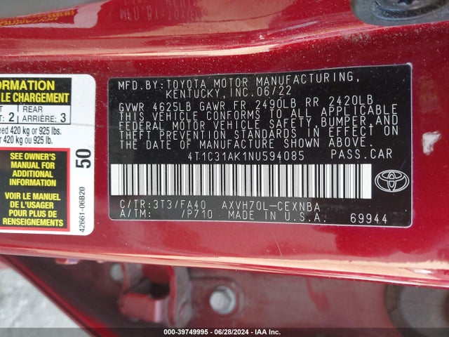 Toyota Camry Le Hybrid 2022 4T1C31AK1NU594085 Image 9