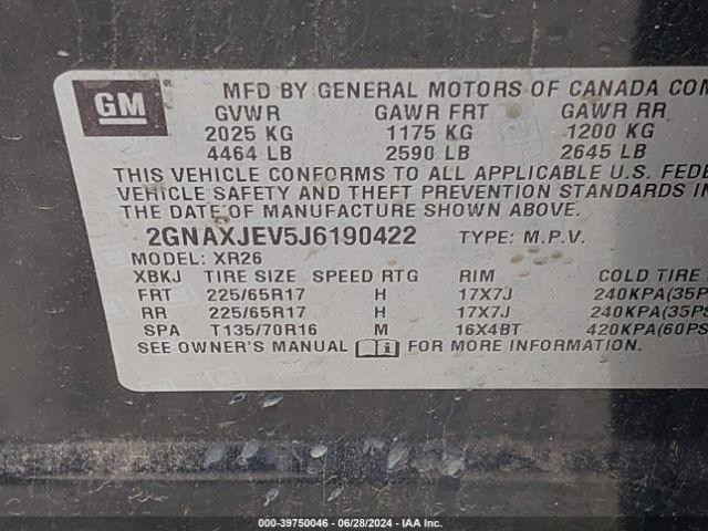 2GNAXJEV5J6190422 Chevrolet EQUINOX LT