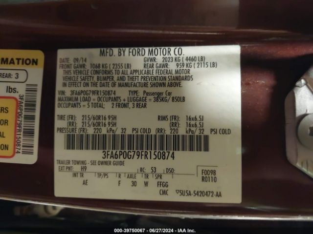 3FA6P0G79FR150874 Ford FUSION S
