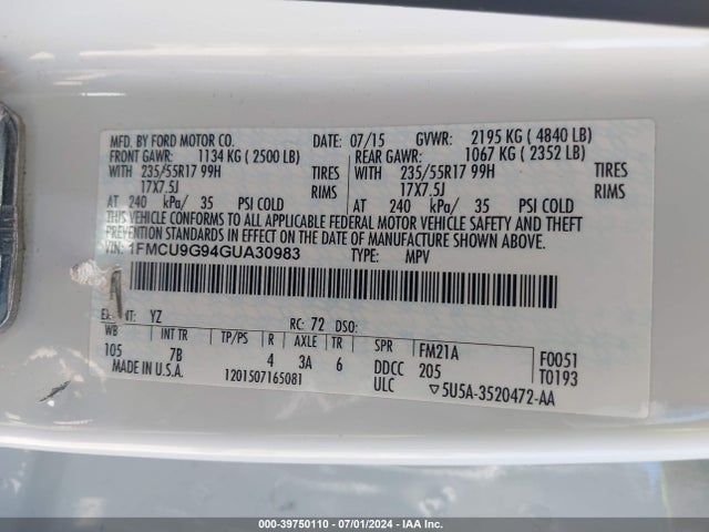 Ford ESCAPE SE 2016 1FMCU9G94GUA30983 Image 9