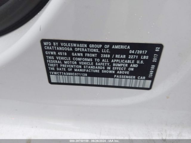 1VWCT7A39HC071128 Volkswagen Passat 1.8t Sel Premium