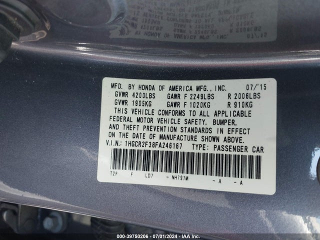 Honda ACCORD LX 2015 1HGCR2F38FA246167 Image 9