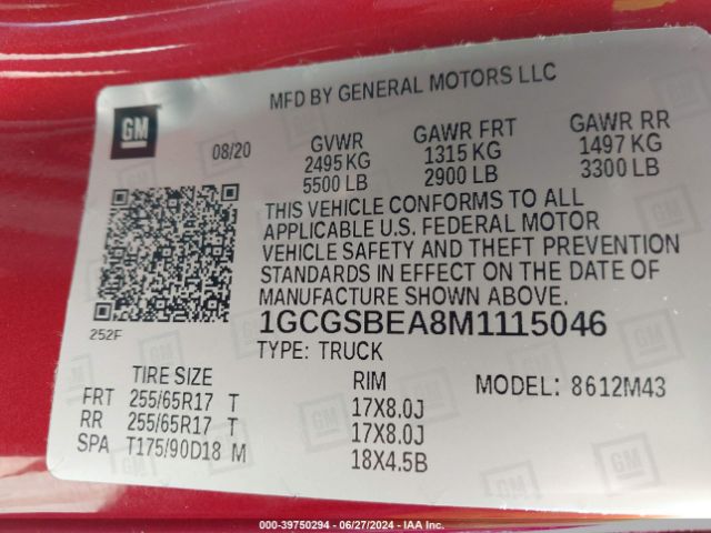 1GCGSBEA8M1115046 Chevrolet Colorado 2wd  Short Box Wt