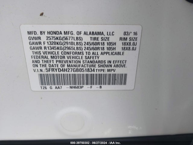 5FRYD4H27GB051834 Acura Mdx Acurawatch Plus Package