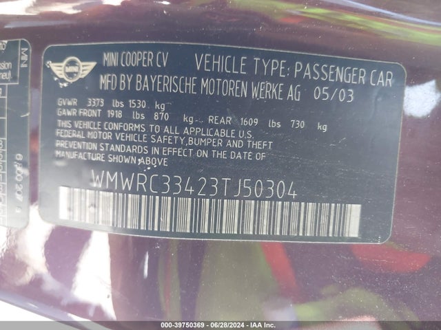 2003 MINI COOPER WMWRC33423TJ50304 Photo 8