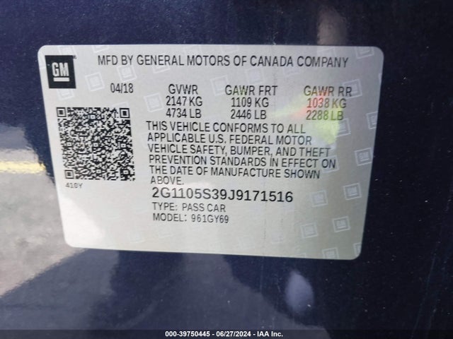 Chevrolet IMPALA 1LT 2018 2G1105S39J9171516 Image 9
