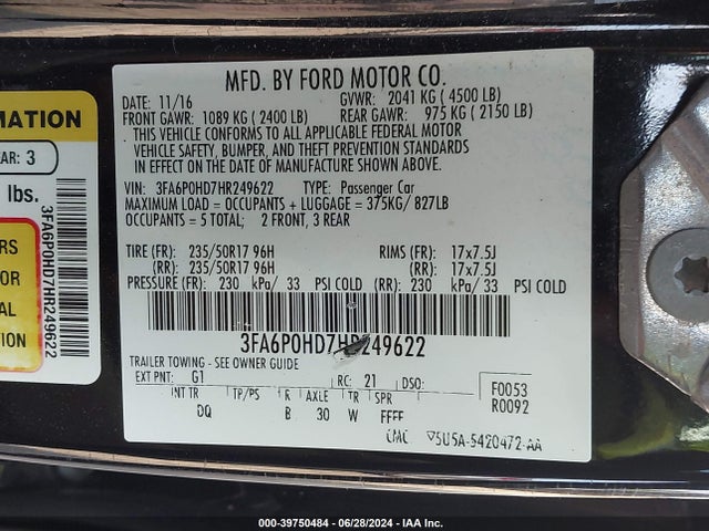 Ford FUSION SE 2017 3FA6P0HD7HR249622 Image 9