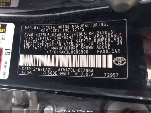 Toyota CAMRY LE 2020 4T1C11AK3LU909990 Image 9