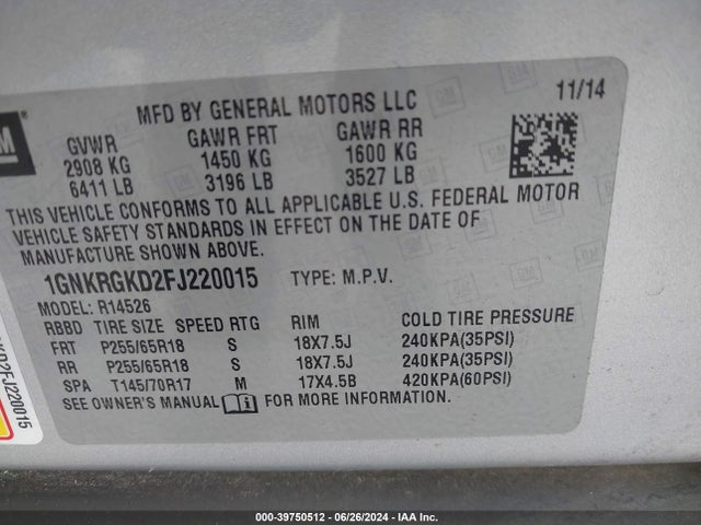 Chevrolet Traverse 1lt 2015 1GNKRGKD2FJ220015 Image 9