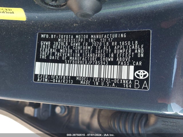 Toyota COROLLA LE 2018 5YFBURHE8JP785943 Image 9