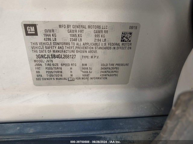 Chevrolet Trax Lt 2016 3GNCJLSB4GL268127 Image 9