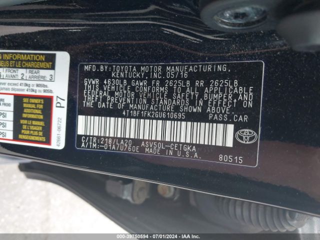 4T1BF1FK2GU610695 Toyota CAMRY XLE