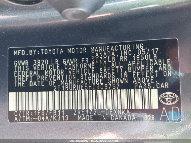 2T1BURHE5HC909757 Toyota COROLLA LE