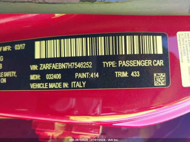 ZARFAEBN7H7546252 Alfa Romeo Giulia Rwd