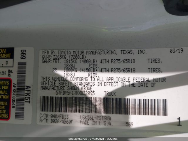 5TFDY5F17KX832095 Toyota Tundra Sr5 5.7l V8