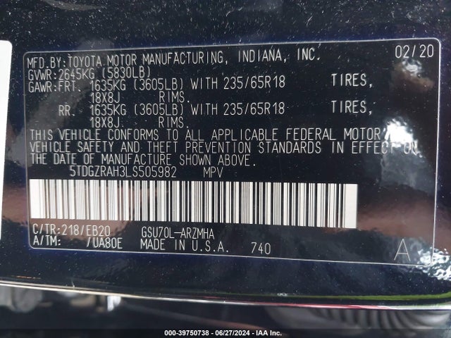 Toyota Highlander Xle 2020 5TDGZRAH3LS505982 Image 9
