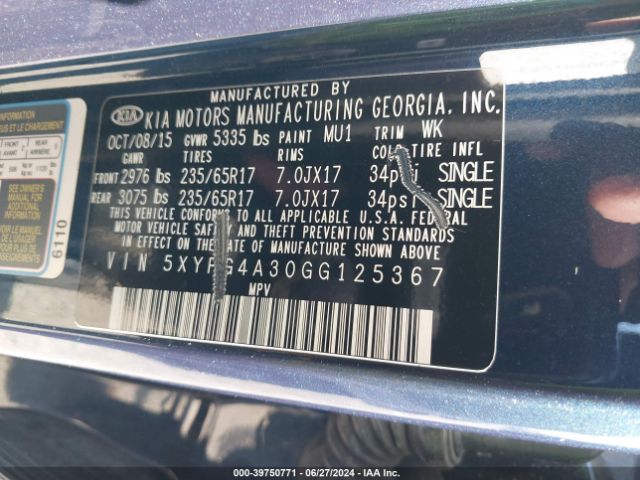5XYPG4A30GG125367 KIA Sorento 2.4l Lx