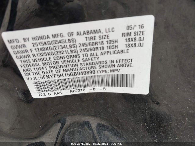 Honda PILOT LX 2016 5FNYF5H15GB040890 Image 9