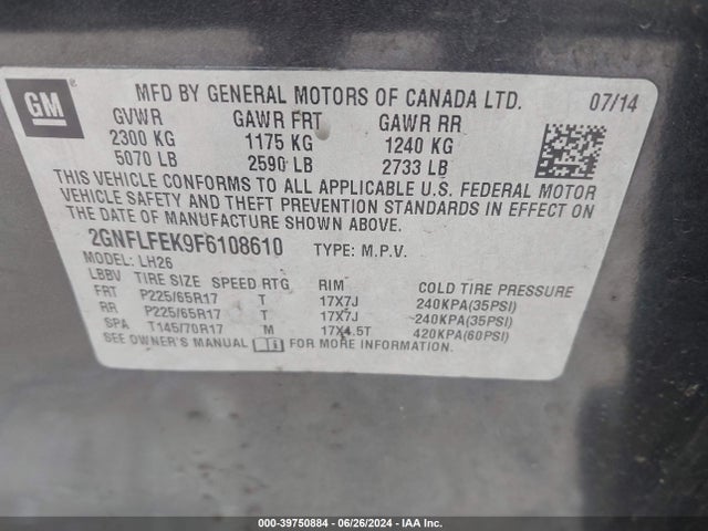 Chevrolet EQUINOX 1LT 2015 2GNFLFEK9F6108610 Image 9