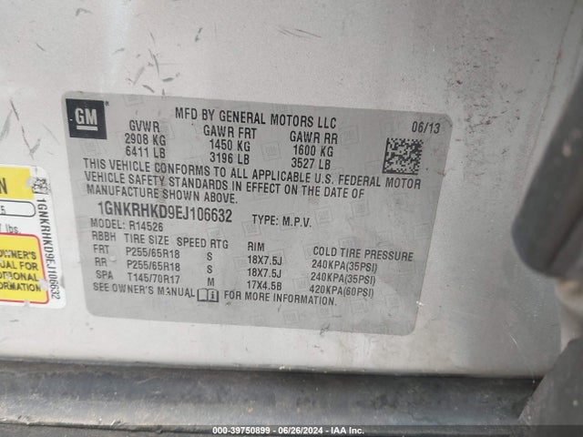 Chevrolet Traverse 2lt 2014 1GNKRHKD9EJ106632 Image 9