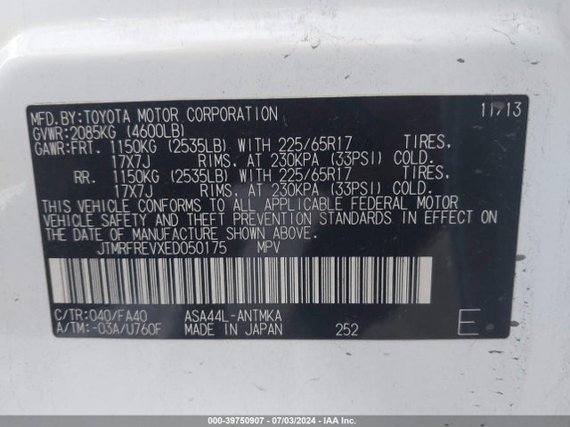 Toyota Rav4 Xle 2014 JTMRFREVXED050175 Image 9