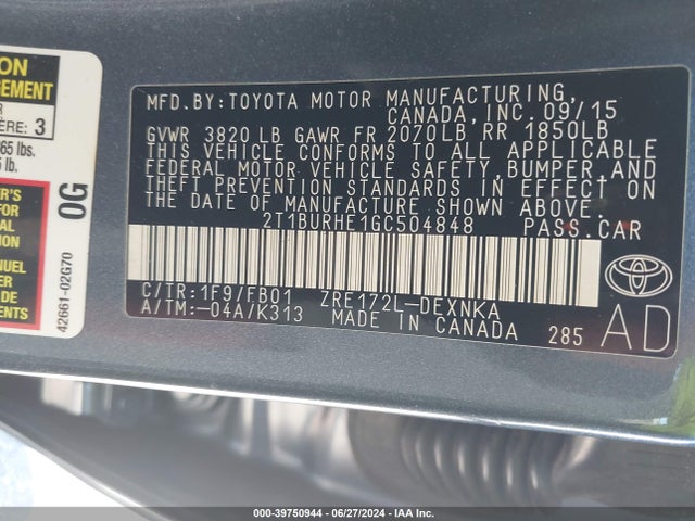 Toyota COROLLA LE 2016 2T1BURHE1GC504848 Image 9