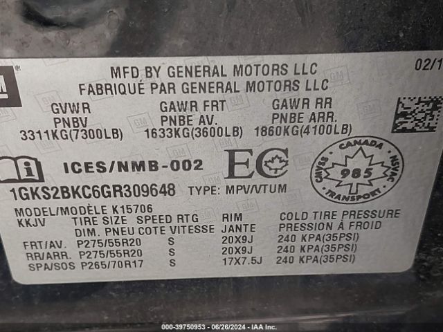 1GKS2BKC6GR309648 GMC YUKON SLT
