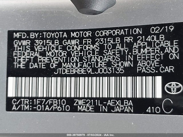 JTDEBRBE9LJ003135 Toyota Corolla Hybrid Le