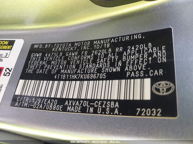 Toyota CAMRY SE 2019 4T1B11HK7KU696705 Image 9