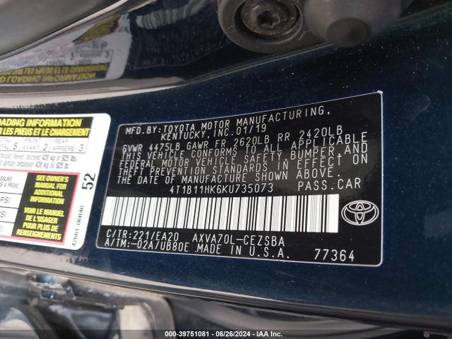 Toyota CAMRY SE 2019 4T1B11HK6KU735073 Image 9