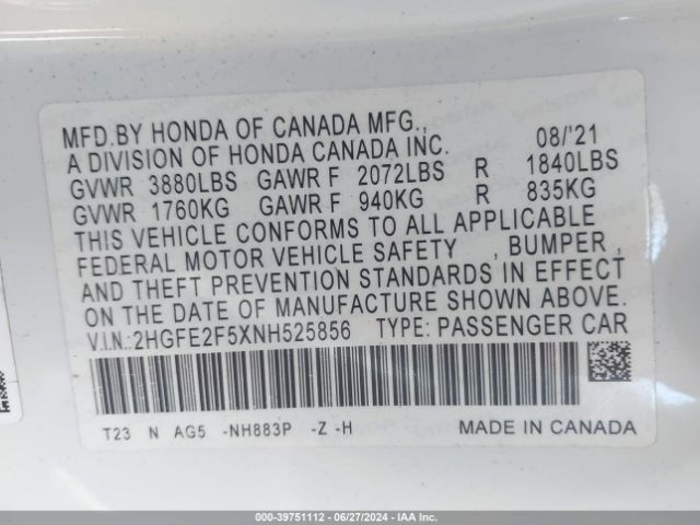 2HGFE2F5XNH525856 Honda Civic Sport