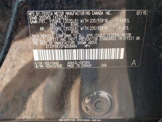 Toyota Rav4 Limited 2015 2T3YFREV2FW208864 Image 9