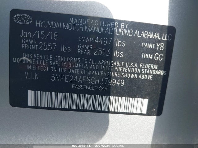 Hyundai SONATA SE 2016 5NPE24AF8GH379949 Image 9
