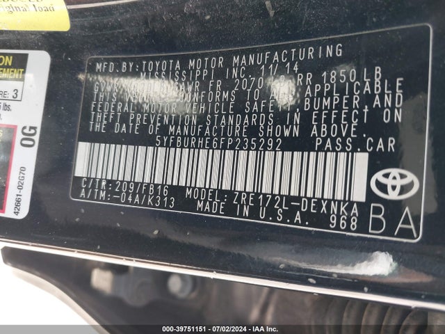 Toyota Corolla Le Plus 2015 5YFBURHE6FP235292 Image 9