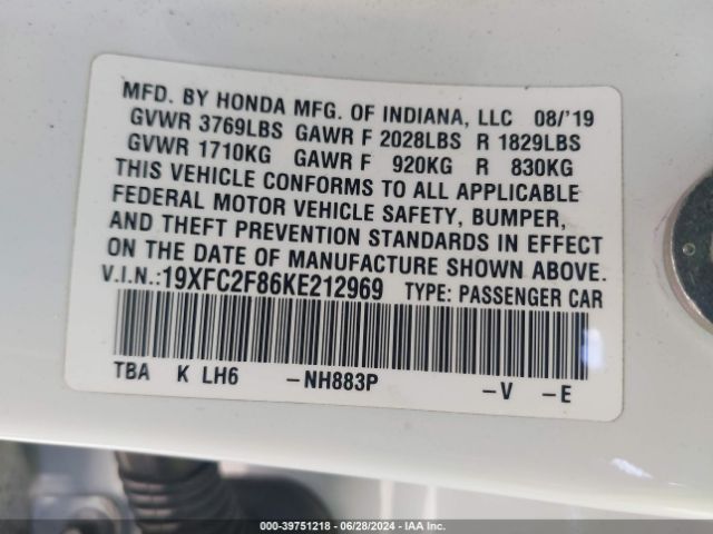19XFC2F86KE212969 Honda Civic Sport