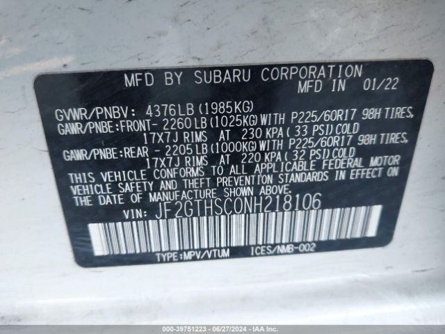JF2GTHSC0NH218106 Subaru Crosstrek Sport