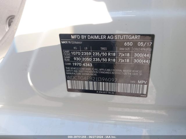 WDCTG4EB2JJ396092 Mercedes-Benz GLA 250