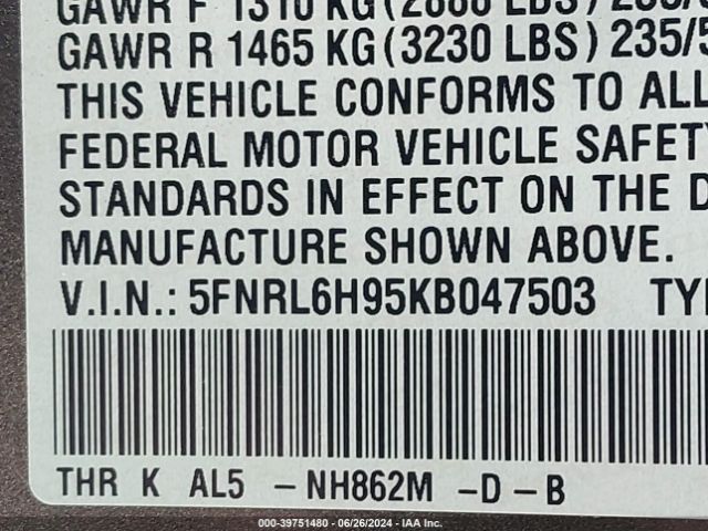 5FNRL6H95KB047503 Honda Odyssey Elite