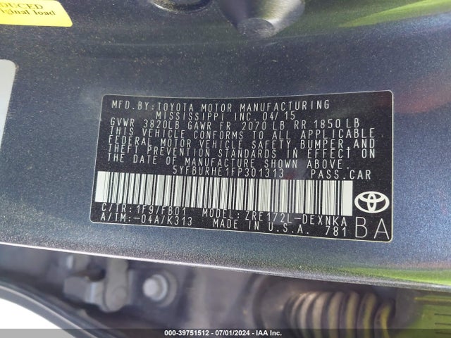 Toyota COROLLA LE 2015 5YFBURHE1FP301313 Image 9