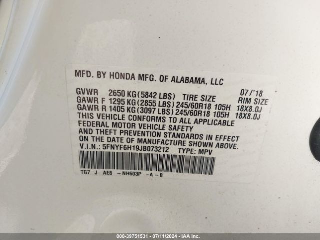 5FNYF6H19JB073212 Honda PILOT LX